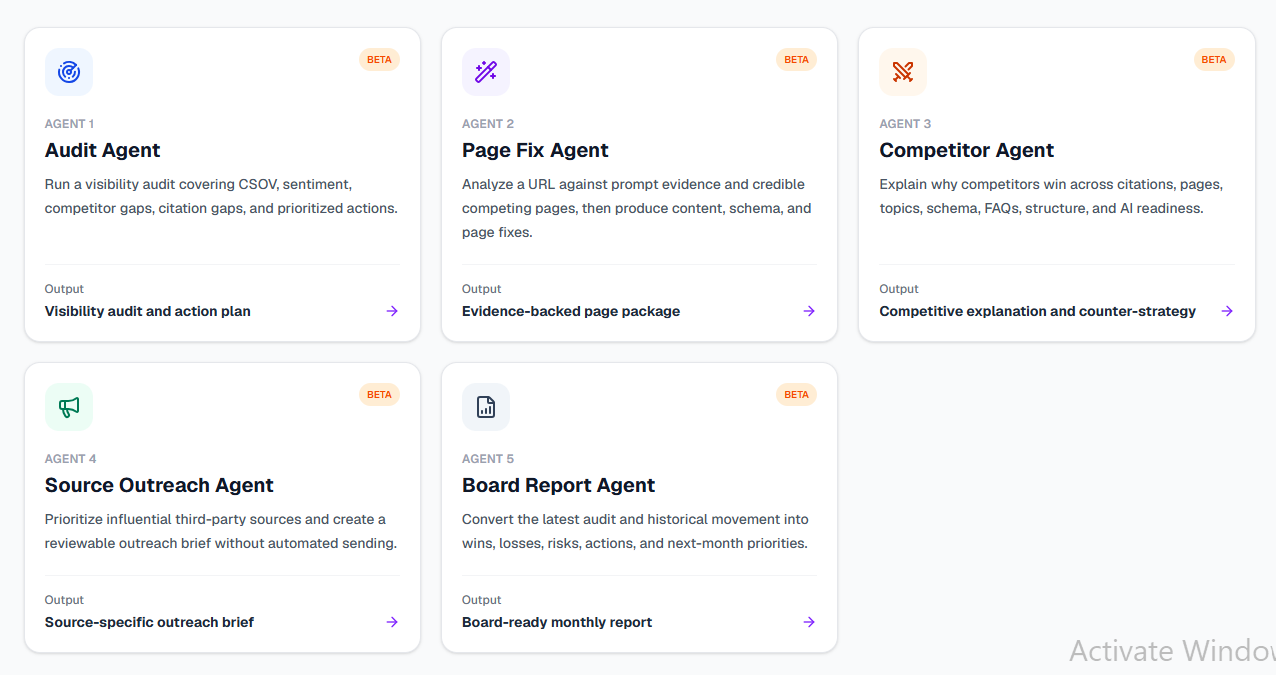RankinLLM Agents workspace with Audit, Page Fix, Competitor, Source Outreach, and Board Report agents
