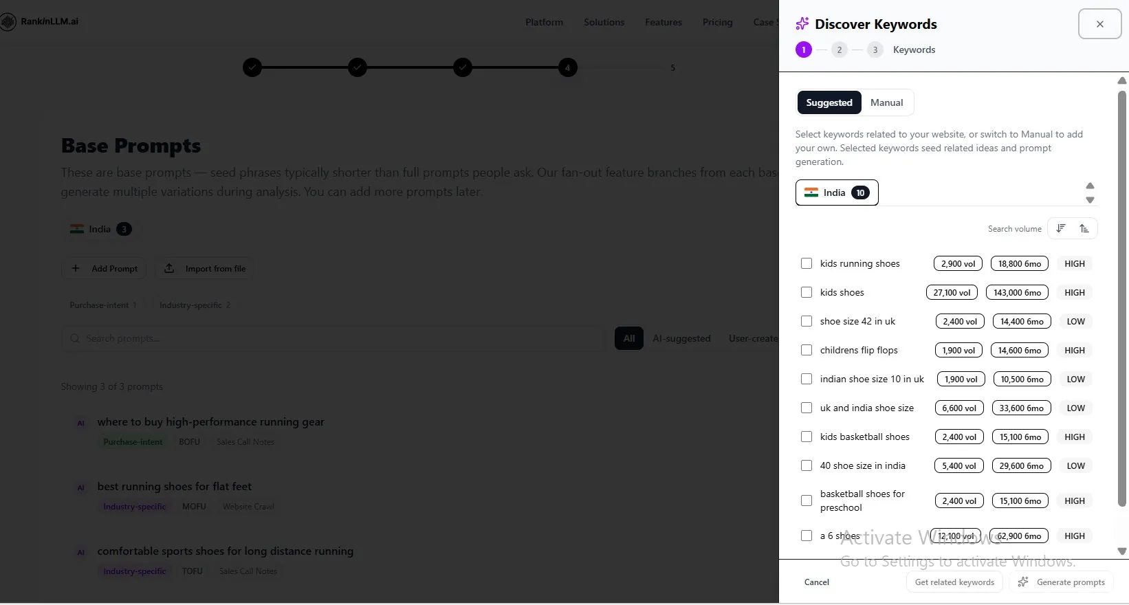 SEO keyword discovery screen for selecting keywords and generating long-tail prompts