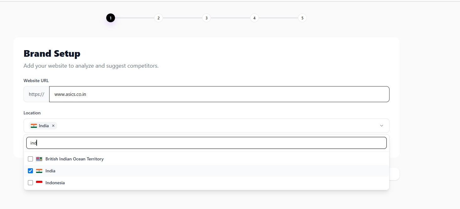 Brand Setup screen with multi-country location selection
