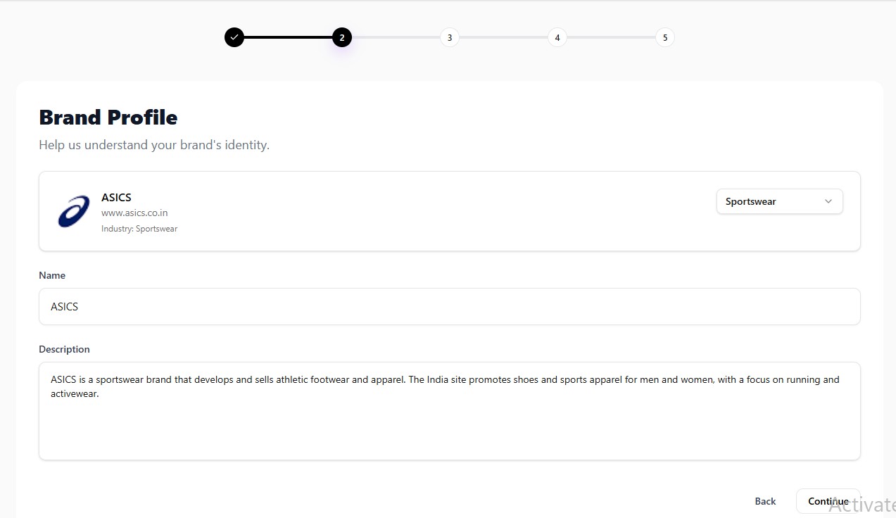 Brand Profile setup screen with brand details and industry selection