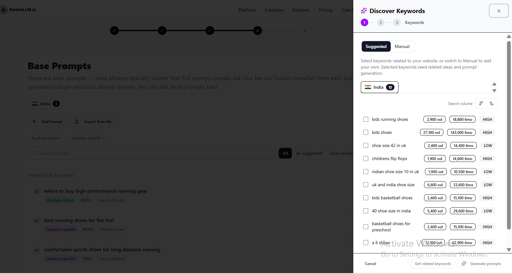 SEO keyword discovery screen for selecting keywords and generating long-tail prompts