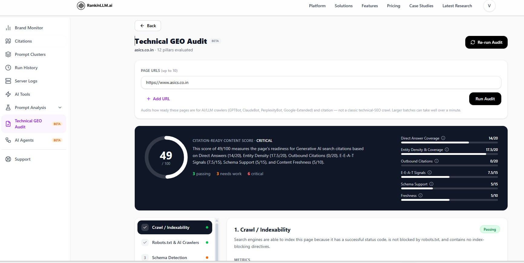 Technical GEO Audit dashboard showing website readiness and issues