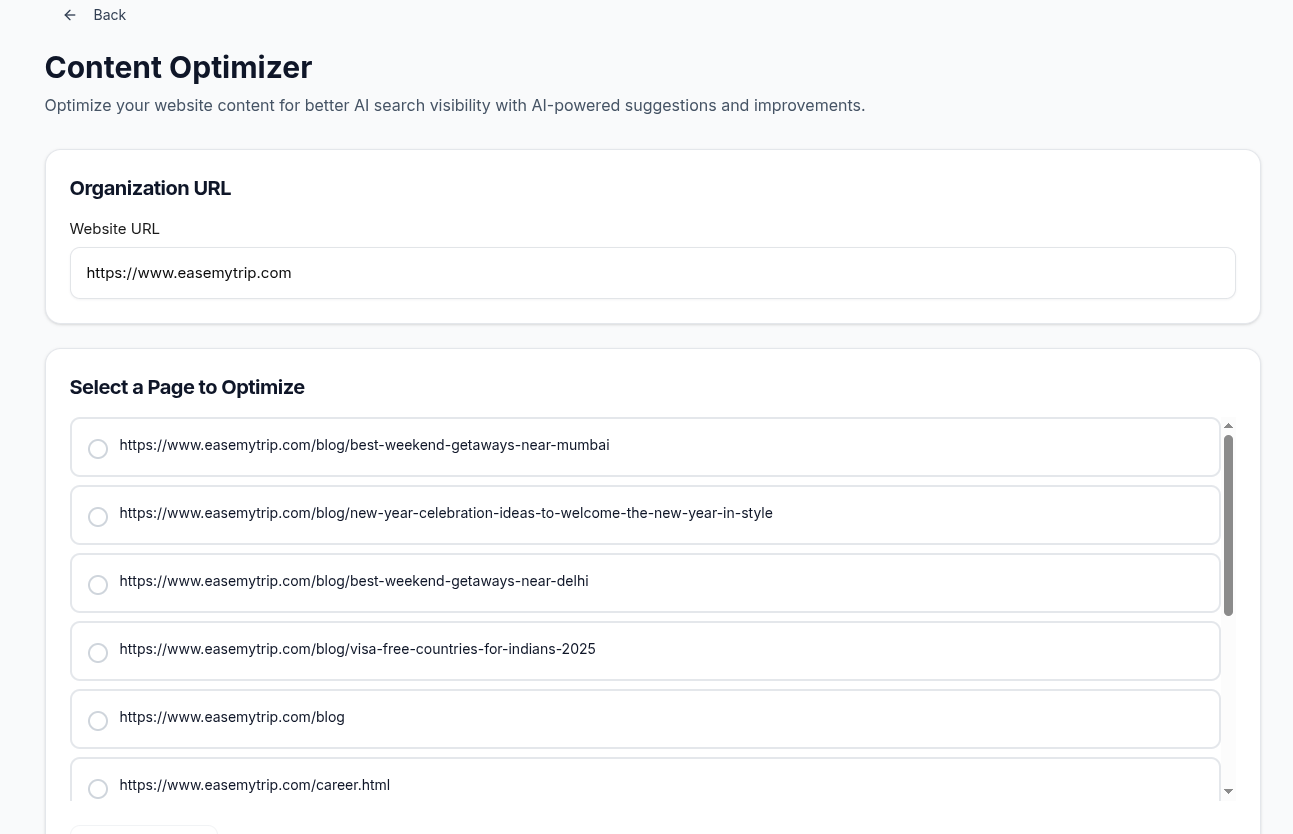 Content Optimizer Screen